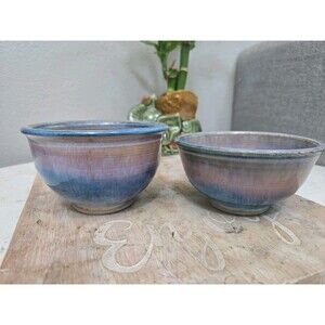 Studio Art Pottery Hand-Thrown Bowls Set of 2 Blue Purple Glaze Signed Shou Mark